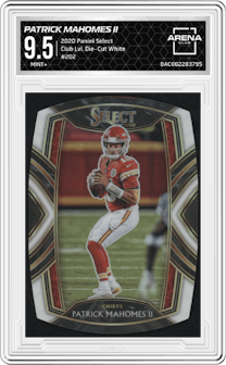 Patrick Mahomes II from the 2020 Panini Select set featuring a Die-Cut White parallel graded by Arena Club and given an overall grade of 9.5.