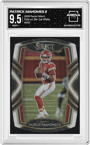 Patrick Mahomes II from the 2020 Panini Select set featuring a Die-Cut White parallel graded by Arena Club and given an overall grade of 9.5.