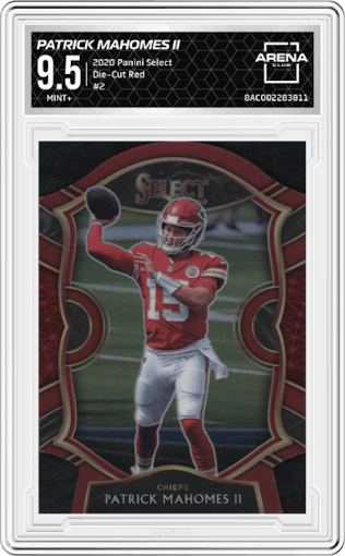 Patrick Mahomes II from the 2020 Panini Select set featuring a Die-Cut Red parallel graded by Arena Club and given an overall grade of 9.5.