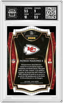Patrick Mahomes II from the 2020 Panini Select set featuring a Die-Cut Red parallel graded by Arena Club and given an overall grade of 9.5.