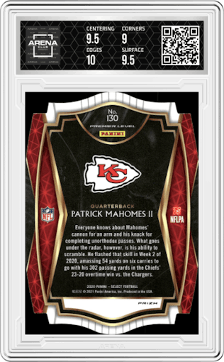 Patrick Mahomes II from the 2020 Panini Select set featuring a Die-Cut Red parallel graded by Arena Club and given an overall grade of 9.5.