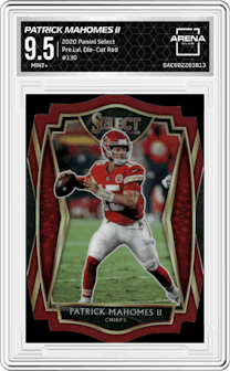 Patrick Mahomes II from the 2020 Panini Select set featuring a Die-Cut Red parallel graded by Arena Club and given an overall grade of 9.5.