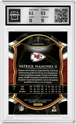 Patrick Mahomes II from the 2020 Panini Select set featuring a Die-Cut Orange parallel graded by Arena Club and given an overall grade of 10.