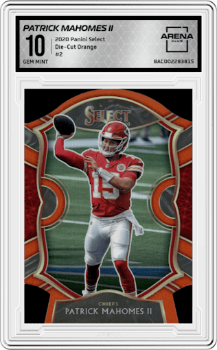 Patrick Mahomes II from the 2020 Panini Select set featuring a Die-Cut Orange parallel graded by Arena Club and given an overall grade of 10.
