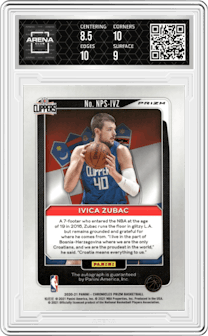 Ivica Zubac from the 2020-21 Panini Chronicles set featuring a Red parallel graded by Arena Club and given an overall grade of 9.