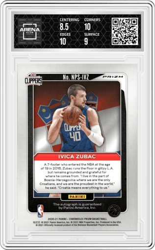Ivica Zubac from the 2020-21 Panini Chronicles set featuring a Red parallel graded by Arena Club and given an overall grade of 9.