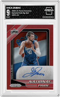 Ivica Zubac from the 2020-21 Panini Chronicles set featuring a Red parallel graded by Arena Club and given an overall grade of 9.