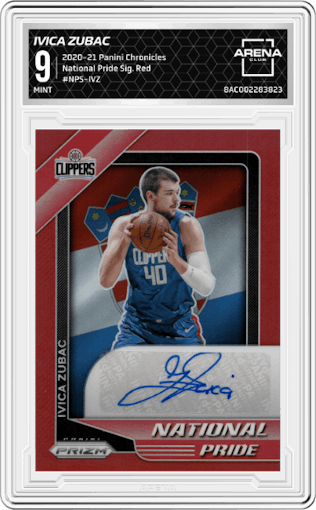 Ivica Zubac from the 2020-21 Panini Chronicles set featuring a Red parallel graded by Arena Club and given an overall grade of 9.