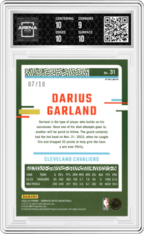 Darius Garland from the 2023-24 Donruss Optic set featuring a Gold International parallel graded by Arena Club and given an overall grade of 9.5.