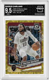 Darius Garland from the 2023-24 Donruss Optic set featuring a Gold International parallel graded by Arena Club and given an overall grade of 9.5.