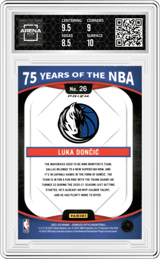 Luka Doncic from the 2021-22 Panini Donruss Optic set graded by Arena Club and given an overall grade of 9.