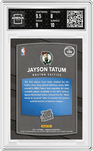 Jayson Tatum from the 2017-18 Panini Donruss set graded by Arena Club and given an overall grade of 8.5.