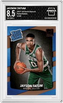 Jayson Tatum from the 2017-18 Panini Donruss set graded by Arena Club and given an overall grade of 8.5.