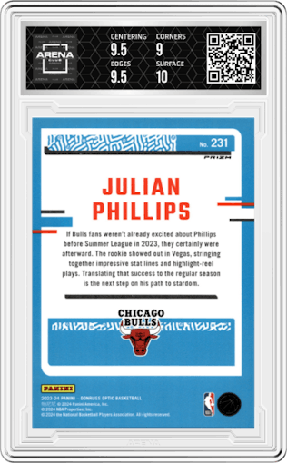 Julian Phillips from the 2023-24 Donruss Optic set featuring a Jazz parallel graded by Arena Club and given an overall grade of 9.5.