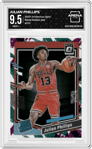 Julian Phillips from the 2023-24 Donruss Optic set featuring a Jazz parallel graded by Arena Club and given an overall grade of 9.5.
