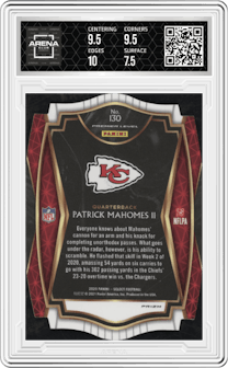 Patrick Mahomes II from the 2020 Panini Select set featuring a Die-Cut Tri-Color parallel graded by Arena Club and given an overall grade of 8.