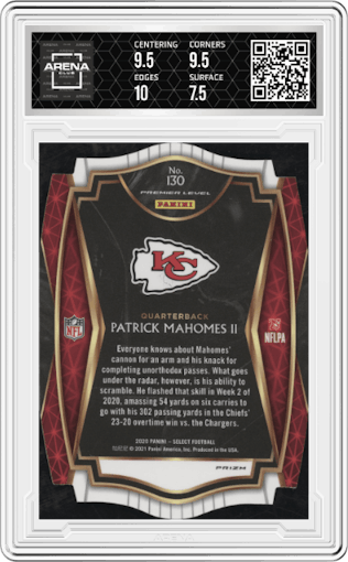 Patrick Mahomes II from the 2020 Panini Select set featuring a Die-Cut Tri-Color parallel graded by Arena Club and given an overall grade of 8.