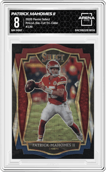 Patrick Mahomes II from the 2020 Panini Select set featuring a Die-Cut Tri-Color parallel graded by Arena Club and given an overall grade of 8.
