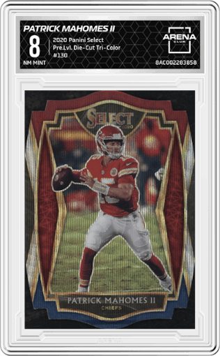 Patrick Mahomes II from the 2020 Panini Select set featuring a Die-Cut Tri-Color parallel graded by Arena Club and given an overall grade of 8.
