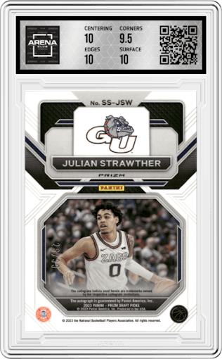 Julian Strawther from the 2023-24 Panini Prizm Draft Picks set featuring a Purple Ice parallel graded by Arena Club and given an overall grade of 10.