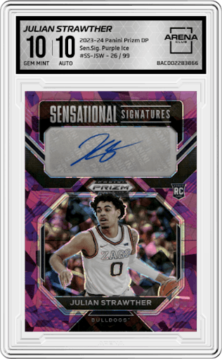 Julian Strawther from the 2023-24 Panini Prizm Draft Picks set featuring a Purple Ice parallel graded by Arena Club and given an overall grade of 10.