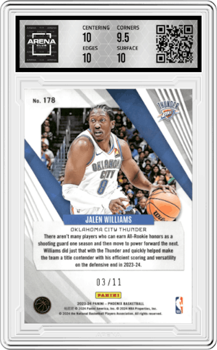 Jalen Williams from the 2023-24 Panini Phoenix set featuring a Red Pandora FOTL parallel graded by Arena Club and given an overall grade of 10.