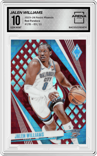 Jalen Williams from the 2023-24 Panini Phoenix set featuring a Red Pandora FOTL parallel graded by Arena Club and given an overall grade of 10.
