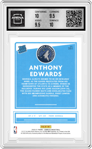 Anthony Edwards from the 2020-21 Panini Donruss set graded by Arena Club and given an overall grade of 10.