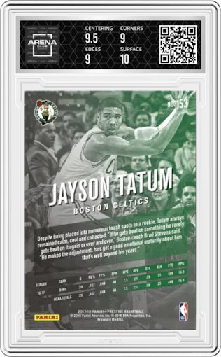 Jayson Tatum from the 2017-18 Panini Prestige set graded by Arena Club and given an overall grade of 9.5.