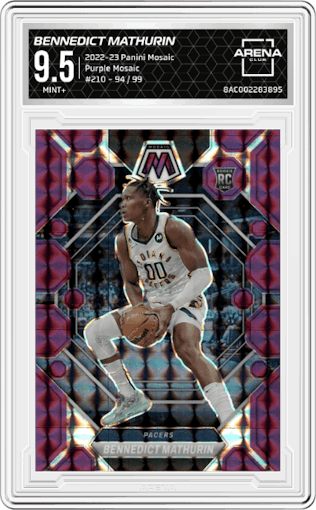 Bennedict Mathurin from the 2022-23 Panini Mosaic set featuring a Purple Mosaic parallel graded by Arena Club and given an overall grade of 9.5.