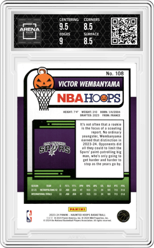 Victor Wembanyama from the 2023-24 Panini Haunted Hoops set featuring a Slime parallel graded by Arena Club and given an overall grade of 9.