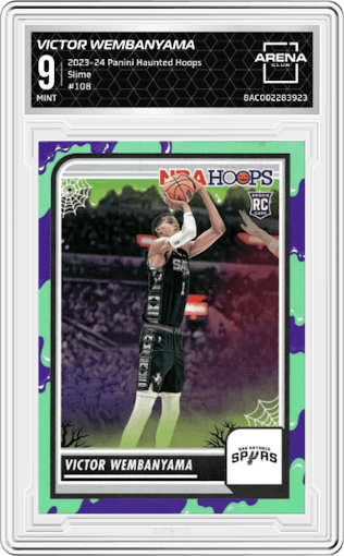 Victor Wembanyama from the 2023-24 Panini Haunted Hoops set featuring a Slime parallel graded by Arena Club and given an overall grade of 9.