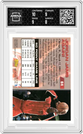 Michael Jordan from the 1993-94 Topps set graded by Arena Club and given an overall grade of 8.5.