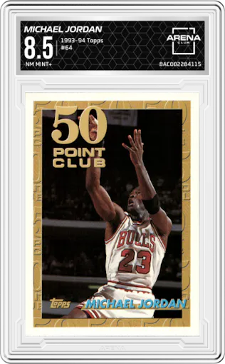 Michael Jordan from the 1993-94 Topps set graded by Arena Club and given an overall grade of 8.5.