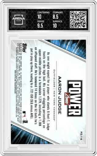 Aaron Judge from the 2020 Topps Stadium Club set graded by Arena Club and given an overall grade of 9.