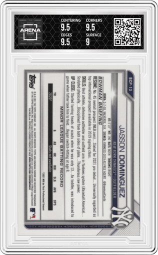Jasson Dominguez from the 2021 Bowman set graded by Arena Club and given an overall grade of 9.5.