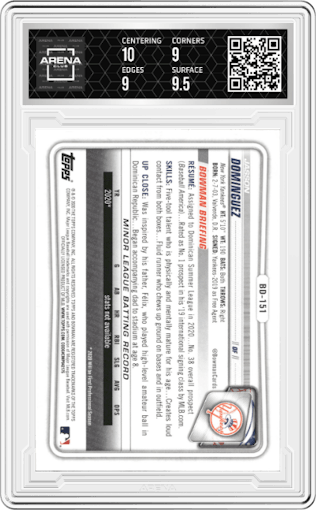Jasson Dominguez from the 2020 Bowman Draft set graded by Arena Club and given an overall grade of 9.5.