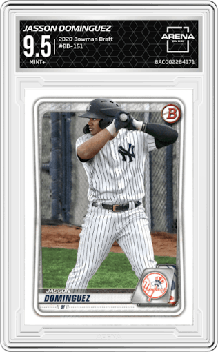 Jasson Dominguez from the 2020 Bowman Draft set graded by Arena Club and given an overall grade of 9.5.