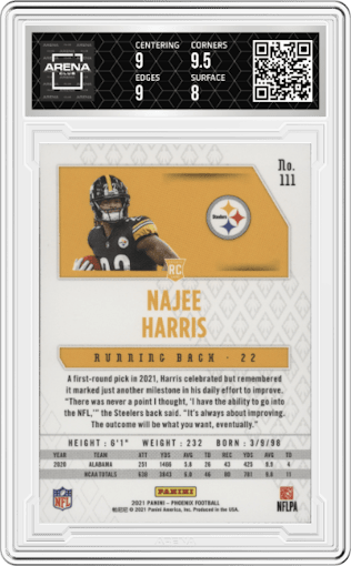 Najee Harris from the 2021 Panini Phoenix set featuring a Fire Burst parallel graded by Arena Club and given an overall grade of 8.5.