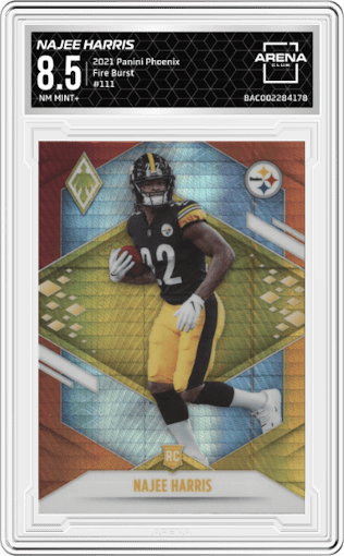 Najee Harris from the 2021 Panini Phoenix set featuring a Fire Burst parallel graded by Arena Club and given an overall grade of 8.5.
