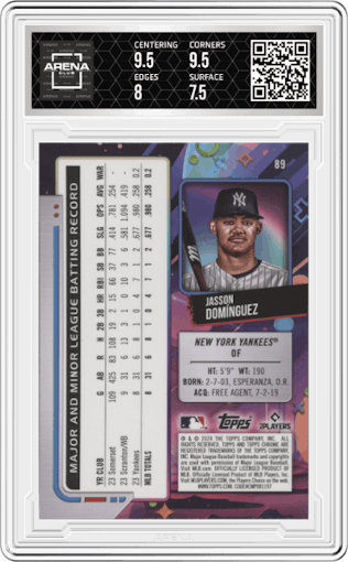 Jasson Domínguez from the 2024 Topps Cosmic Chrome set graded by Arena Club and given an overall grade of 8.