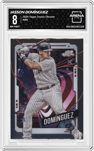 Jasson Domínguez from the 2024 Topps Cosmic Chrome set graded by Arena Club and given an overall grade of 8.
