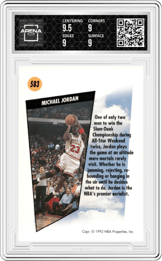 Michael Jordan from the 1991-92 Skybox set graded by Arena Club and given an overall grade of 9.