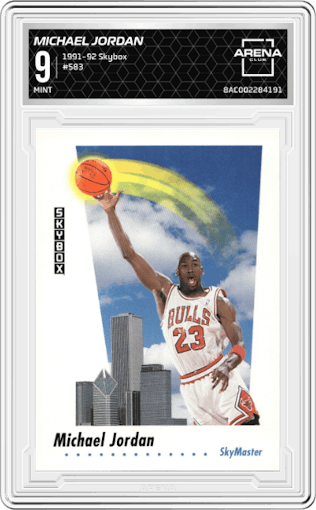 Michael Jordan from the 1991-92 Skybox set graded by Arena Club and given an overall grade of 9.