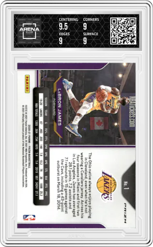 LeBron James from the 2020-21 Panini Prizm set featuring a Red/White/Blue Prizm parallel graded by Arena Club and given an overall grade of 9.