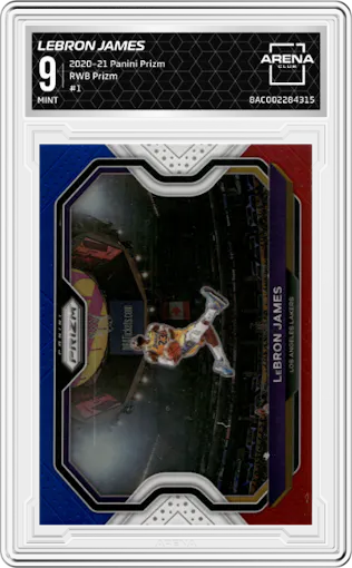 LeBron James from the 2020-21 Panini Prizm set featuring a Red/White/Blue Prizm parallel graded by Arena Club and given an overall grade of 9.