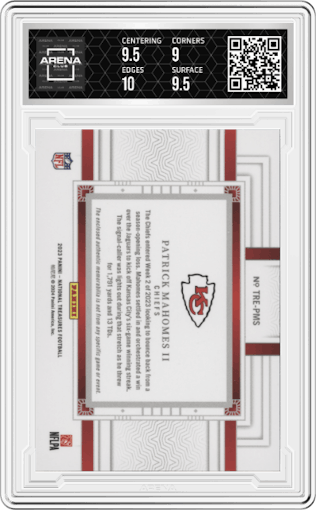 Patrick Mahomes II from the 2023 Panini National Treasures set graded by Arena Club and given an overall grade of 9.5.