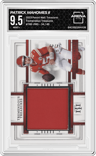 Patrick Mahomes II from the 2023 Panini National Treasures set graded by Arena Club and given an overall grade of 9.5.