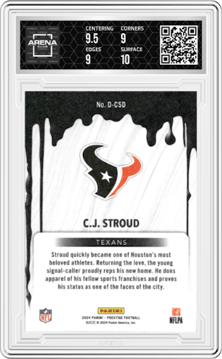 C.J. Stroud from the 2024 Panini Prestige  set graded by Arena Club and given an overall grade of 9.5.