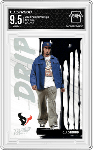 C.J. Stroud from the 2024 Panini Prestige  set graded by Arena Club and given an overall grade of 9.5.